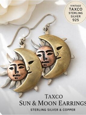 Vintage Taxco Mexico 925 Sterling Silver Sun Moon Mixed Metal Earrings